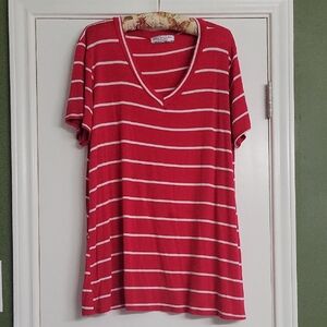 Vibrant Red Striped V-Neck Women's Top